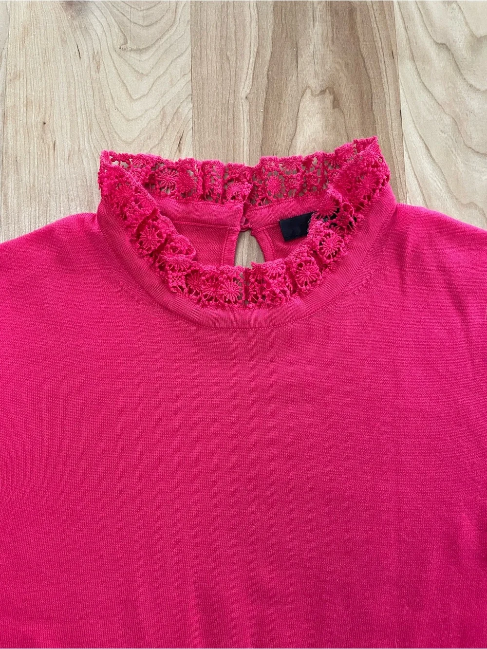 J. Crew Medium Pink Tippi Sweater Crochet Lace Collar Lightweight Merino Wool